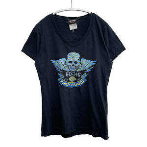 【980円スタート】USA 古着 ハーレーダビッドソン Harley Davidson 半袖 Tシャツ Vネック ロゴ プリント ドクロ バイク レディースM BA0922