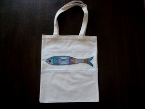 戸塚刺繍ハンドバッグ■ハンドメイド■エコバッグ・サブバッグ・お稽古バッグに■レース・魚　　　