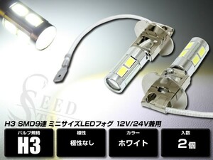 12V/24V兼用 H3 SMD9連 ホワイト プロジェクターレンズ アルミヒートシンク搭載 LEDフォグバルブ 2個セット 寸法 幅:22mm　長さ:43mm