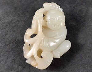 中國 時代物 白玉持蓮童子珮 唐物