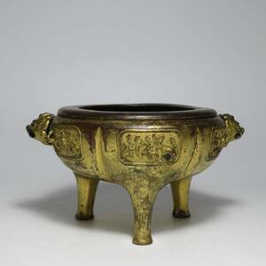 中国美術　銅製　清宮造處　銅金花鳥紋炉　香炉　時代物