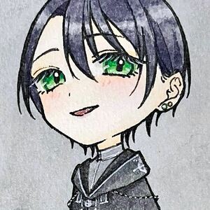 手描きイラスト オリジナル ATCサイズ 原画 創作 デフォルメ ミニキャラ ゴシック 緑 男の子 少年 黒