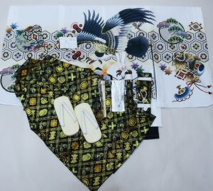 七五三 五歳 男児 羽織袴フルセット 着物 L寸 金刺繍 豪華絢爛 綸子地 白地 鷹 袴変更可能 祝着 新品（株）安田屋 NO38722