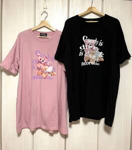 2着セット★Candy Stripper★キャンディストリッパー オーバーサイズ Tシャツ ワンピース 青文字 原宿系 病み系 くま kawaii 黒とピンク 