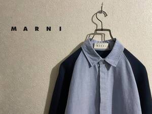 ◯ MARNI スウェット 切り替え OX シャツ / マルニ オックスフォード ボタンフライ ラグランスリーブ ネイビー 水 46 Mens #Sirchive