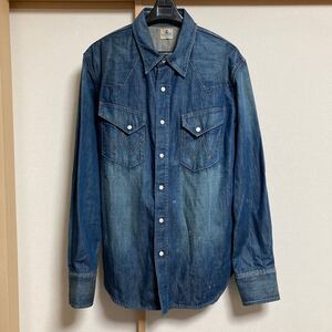 【美品】Wrangler ラングラー 27MW ウエスタンデニムシャツ インディゴ 中古加工 汚れ加工 Lサイズ W1927 長袖シャツ アメカジ