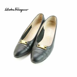 Salvatore Ferragamo サルヴァトーレフェラガモ 5 22.5 パンプス イタリア製 ヒール ゴールド金具 レザー 黒 ブラック/LC56