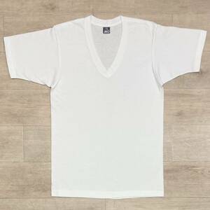 80s【B.V.D.】 Vネック 無地Tシャツ ホワイト 裾袖シングル USA製 size L(42-44) ヴィンテージ/BVD ビーブイディー 白 70s Hanesヘインズ