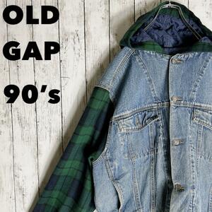 90s オールドギャップ GAP デニムジャケット 袖チェック柄切り替えデザイン