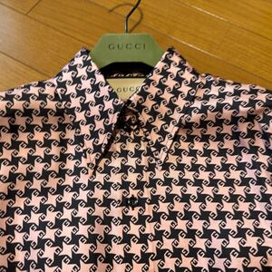 ●Gucciグッチ21AW　ariaコレクション黒ピンク千鳥格子柄シルクブラウスシャツ新品