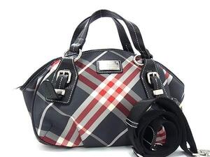 1円 ■極美品■ BURBERRY バーバリーブルーレーベル キャンバス×レザー 2WAY ハンドバッグ クロスボディ ブラック系×レッド系 BJ6710