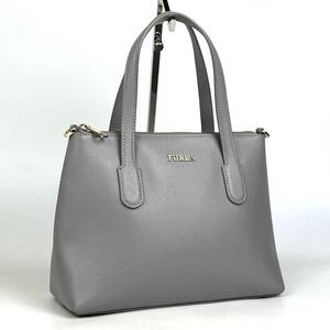 美品●FURLA フルラ ハンドバッグ ロゴ ゴールド金具 ミニ トートバッグ 腕掛け ファスナー サフィアーノレザー グレー フォーマル