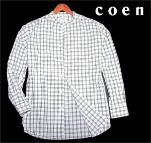 新品! コーエン coen 綿麻 バンドカラー 長袖 シャツ ホワイト (XL) 送料安☆ ユナイテッドアローズ メンズ リネン混 格子チェック 春夏 LL