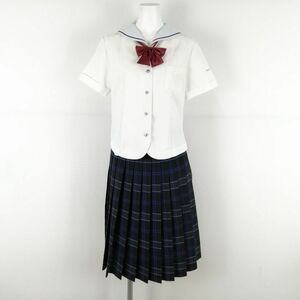 1円 セーラー服 チェックスカート リボン 上下3点セット M トンボ 夏物 白青各2本線 女子 学生服 福岡光陵高校 白 中古 ランクB NA9400