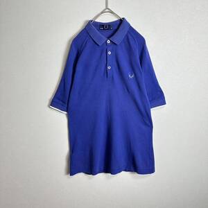 FRED PERRY フレッドペリー　半袖ポロシャツ　Sサイズ〜Mサイズ　リネン混　麻　袖細め　刺繍　ブルー　青ワンポイント 刺繍ロゴ 