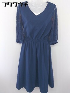 ◇ GIRL DRESS FOR NOW 切替 袖レース Vネック 七分袖 膝下丈 ドレス ワンピース サイズ M ブルー レディース