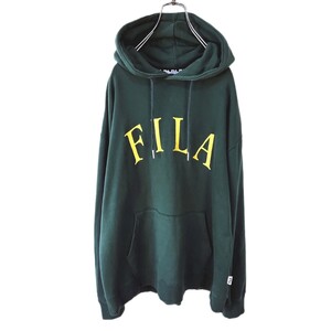 FILA フィラ プルオーバー パーカー 刺繍 ビックロゴ ダークグリーン メンズ Mサイズ