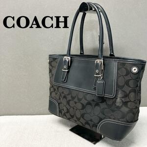 美品COACHコーチセミショルダーバッグトートバッグブラック黒シグネチャー総柄