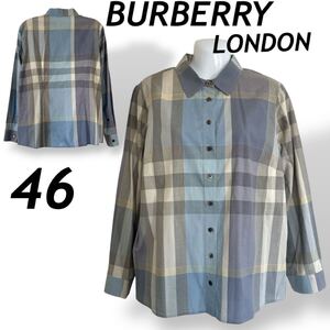 BURBERRY LONDON バーバリー レディース 長袖シャツ 46 大きい B2M02-127-22 三陽商会 チェック 綿 ライトブルー系 マルチカラー (A40)★