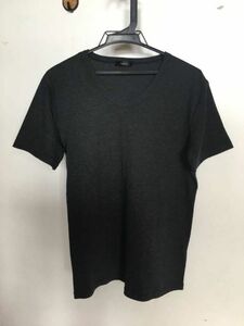 31M3637【Valman】カットソー素材/リブTシャツ/黒系/Vネック/半袖/シンプル無地/L