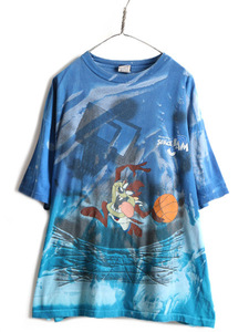 90s ★ SPACE JAM タイダイ タズマニアンデビル プリント 半袖 Tシャツ ( メンズ XL ) 古着 ルーニー テューンズ 映画 ムービー キャラ 青