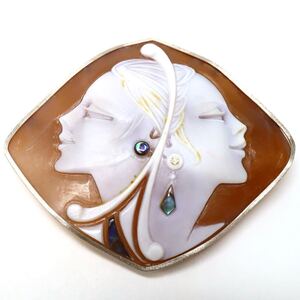 売り切り!!1円〜!!良品!!《K18WG シェルカメオ/天然ダイヤモンドブローチ》 J 約10.9g cameo broach jewelry EC8/EH0 E208