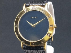 GUCCI グッチ 3000.2.M ラウンドフェイス クォーツ ブラック レザーベルト ゴールド GP 腕時計 2針 店舗受取可