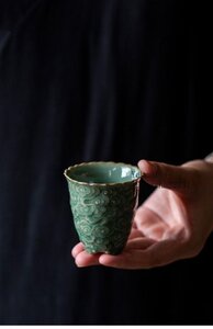 新品 中国美術2つ 湯呑 茶器 青磁 煎茶道具 雲紋 煎茶器 送料込み