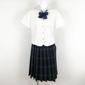 1円 セーラー服 チェックスカート リボン 上下3点セット M トンボ 夏物 白グレー各2本線 女子 学生服 中学 高校 白 中古 ランクC NA9323