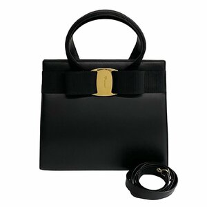 極 美品 Salvatore Ferragamo サルヴァトーレフェラガモ ヴァラリボン 金具 レザー 2way ハンドバッグ ショルダーバッグ ブラック 74050