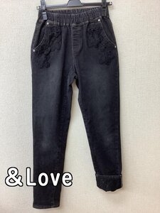 ＆Love アンドラブ ブラックデニムパンツ ストレッチ 裾黒レース ウエストゴム サイズS