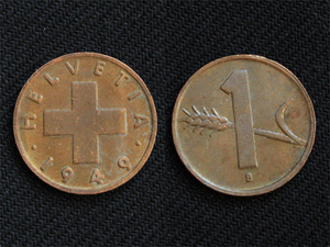 【スイス】 1ラッペン 1949年 麦と十字 銅貨