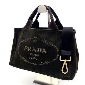 1円 PRADA プラダ ショルダーバッグ 2way トートバッグ ハンドバッグ ミニカナパ 黒 ブラック キャンバス 三角ロゴプレート