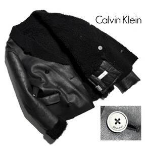 極美品【定価30万超】Calvin Klein カルバンクライン ムートンジャケット 38(M) 羊革 メンズ【圧巻の最高級モデル】黒 コート 正規 ボア