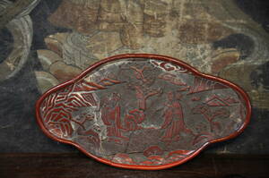 明　堆朱漆器道教人物図彫刻香盆皿　共箱中国美術唐物