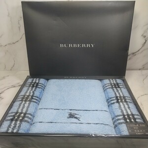 642同梱NG BURBERRY バーバリー バスタオル1/60×120cmフェイスタオル 2/34×75cm ノバチェック BB4100N 西川産業 専用箱入り 未使用 水色