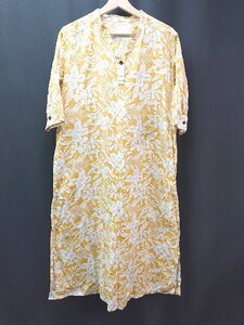 ◇ PEACH JOHN ピーチジョン 麻混 花柄 総柄 スリットネック 半袖 ロング ワンピース サイズM/L イエロー レディース E