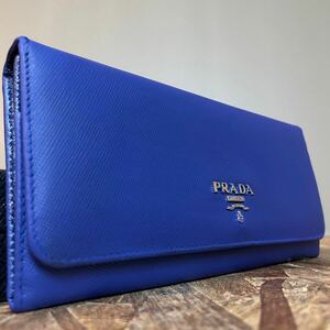 1円 PRADA 美品 プラダ ラウンドファスナー 長財布 男女 サフィアーノレザー ■レザー　サフィアーノレザー　ブルー　箱付き