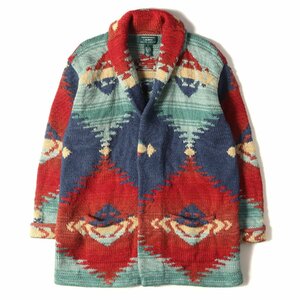 RALPH LAUREN ラルフローレン LAUREN RALPH LAUREN ネイティブ柄 ハンドニット ショールカラー ガウン 90s レッド グリーン系 S