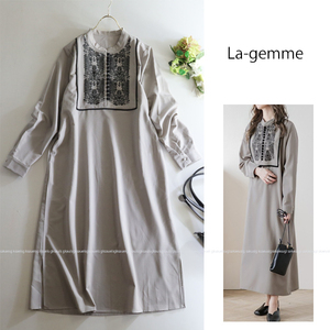 ラジェム La-gemme★大人可愛い♪刺繍入りバンドカラーロング丈ワンピース