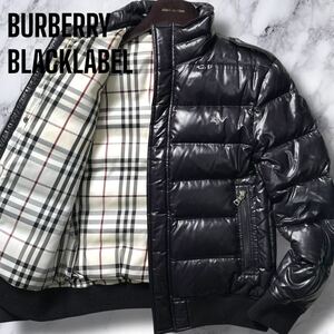 極美品!!! BURBERRY BLACKLABEL ダウンジャケット ホースロゴ ノバチェック シャイニー 光沢 ライダース バーバリーブラックレーベル 黒