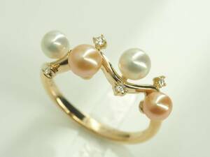 ◆田崎真珠　TASAKIタサキ　可愛いカラーパールダイヤリング　指輪　K18YG