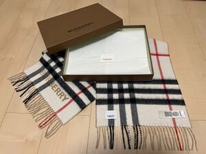 BURBERRY　バーバリー　マフラー　カシミア100％　未使用に近い　ベージュxホワイト　コントラストチェック　送料無料!