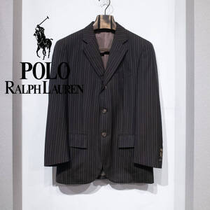 A4（165） / 90s POLO by RALPH LAUREN ポロラルフローレン 3ボタン テーラードジャケット トライプ 総裏地 ウール ブラウン 古着 アメトラ