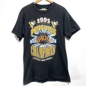 ■ 90s 90年代 USA製 ビンテージ FRUIT OF THE LOOM NHL Pittsburgh Penguins 1991 STANLEY CUP シングルステッチ Tシャツ M ペンギンズ ■