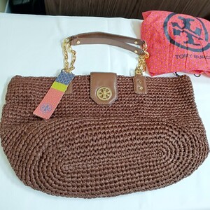 【未使用】トリーバーチ TORY BURCH トートバッグ エナメル（レザー）×金属素材 ダークブラウン×ゴールド チェーンショルダーバック