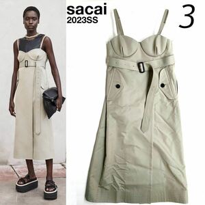 新品 2023SS サカイ SACAI コットン ギャバジン Cotton Gabardine Dress ミリタリー ワンピース ドレス 3 レディース 希少 送料無料