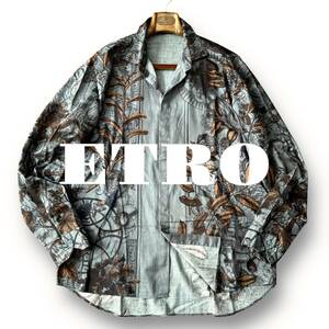 E05 美品 鮮やか！定価7万 2XLサイズ『エトロ ETRO』イタリアンコットン 全面 ボタニカル フラワー 長袖 シャツ アートのような逸品！花柄