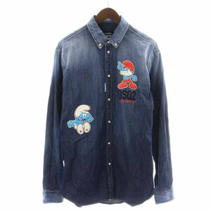 ディースクエアード DSQUARED2 × スマーフ SMURFS DENIM Shirt デニムシャツ 長袖 ワッペン グラデーション 46 S インディゴ S78DM0039 S3