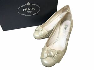 (D) PRADA プラダ リボン ヒール パンプス 37 ベージュ系 (ma)